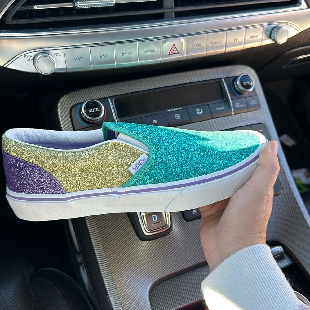 Mardi Gras colored VANS mermaid slip ons.